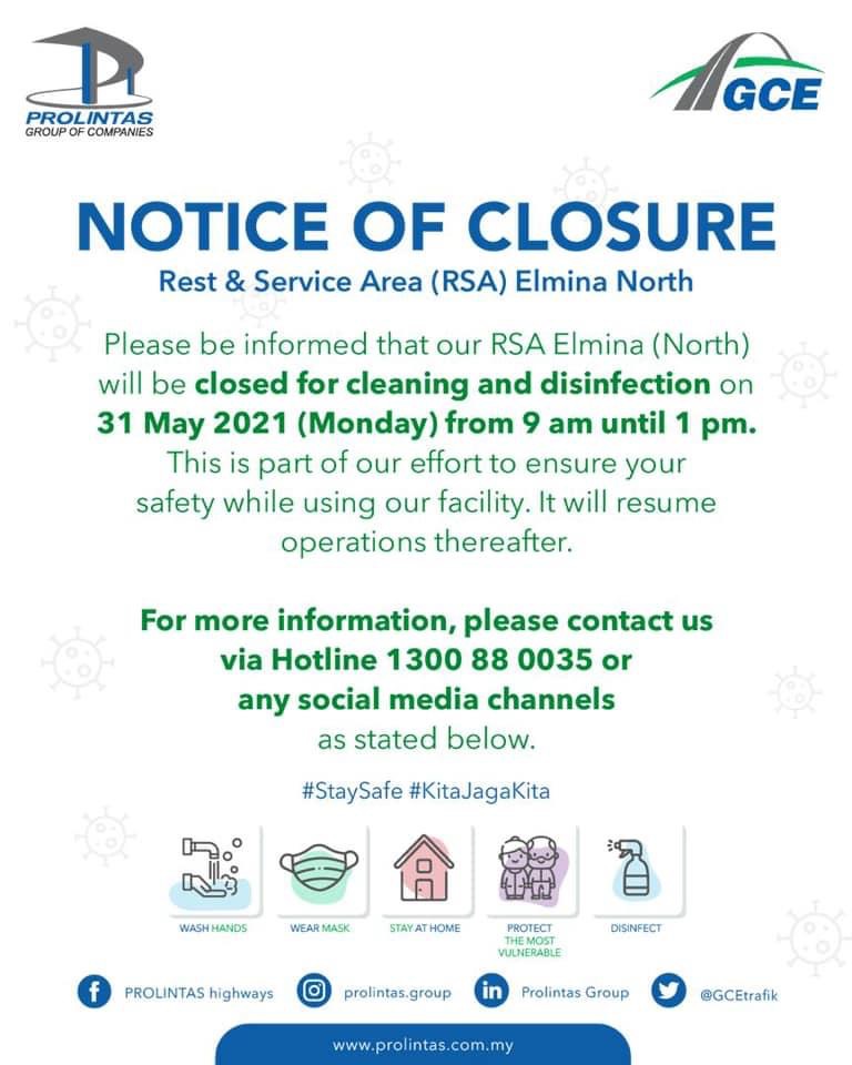 Notice of Closure – Rest & Service Area Elmina (North)