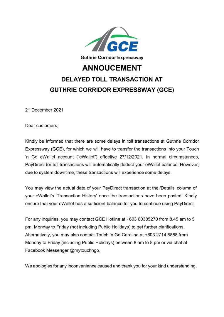 Delayed Toll Transaction at GCE