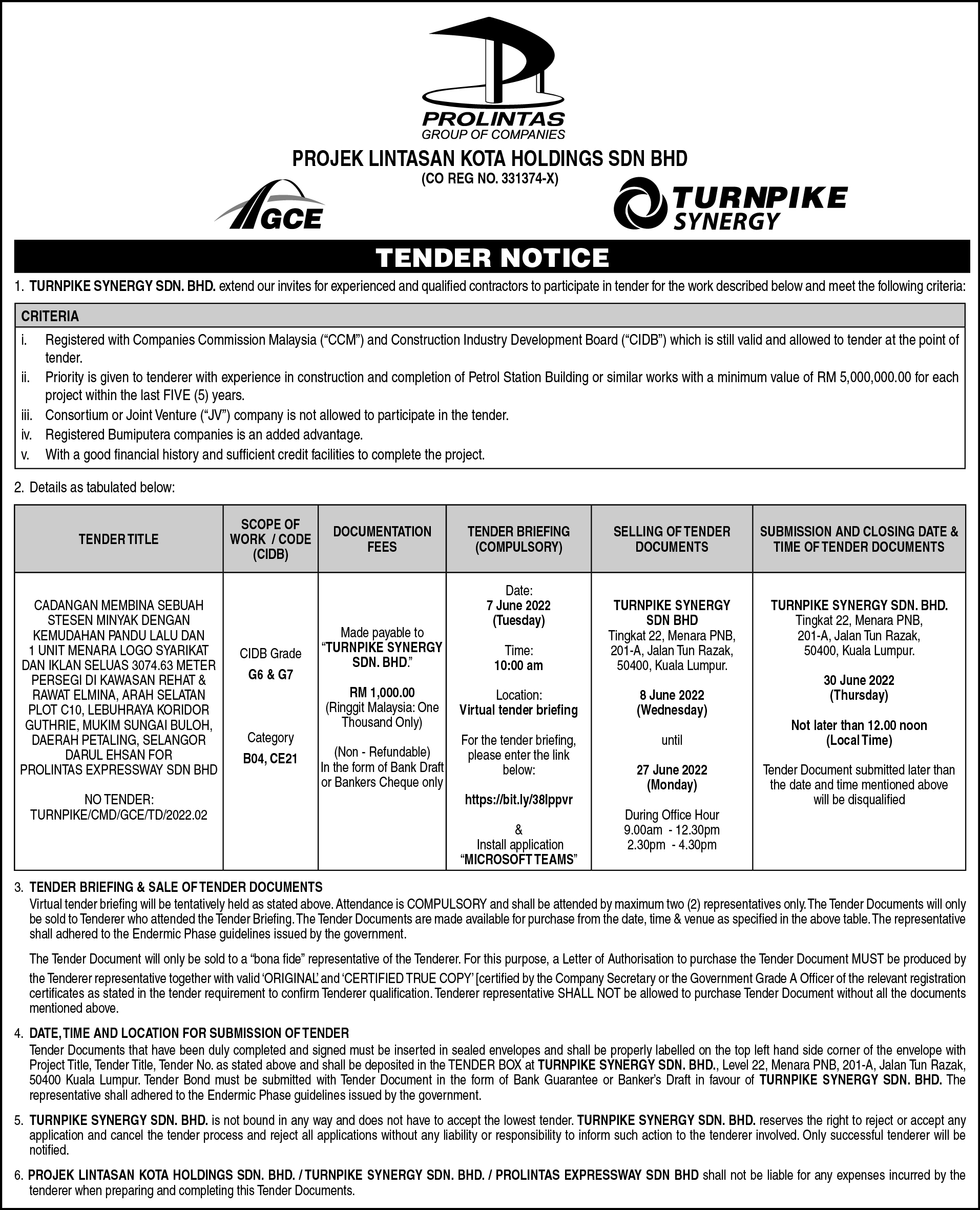 Tender – Proposal to build a petrol station with driving facilities and advertising tower at GCE