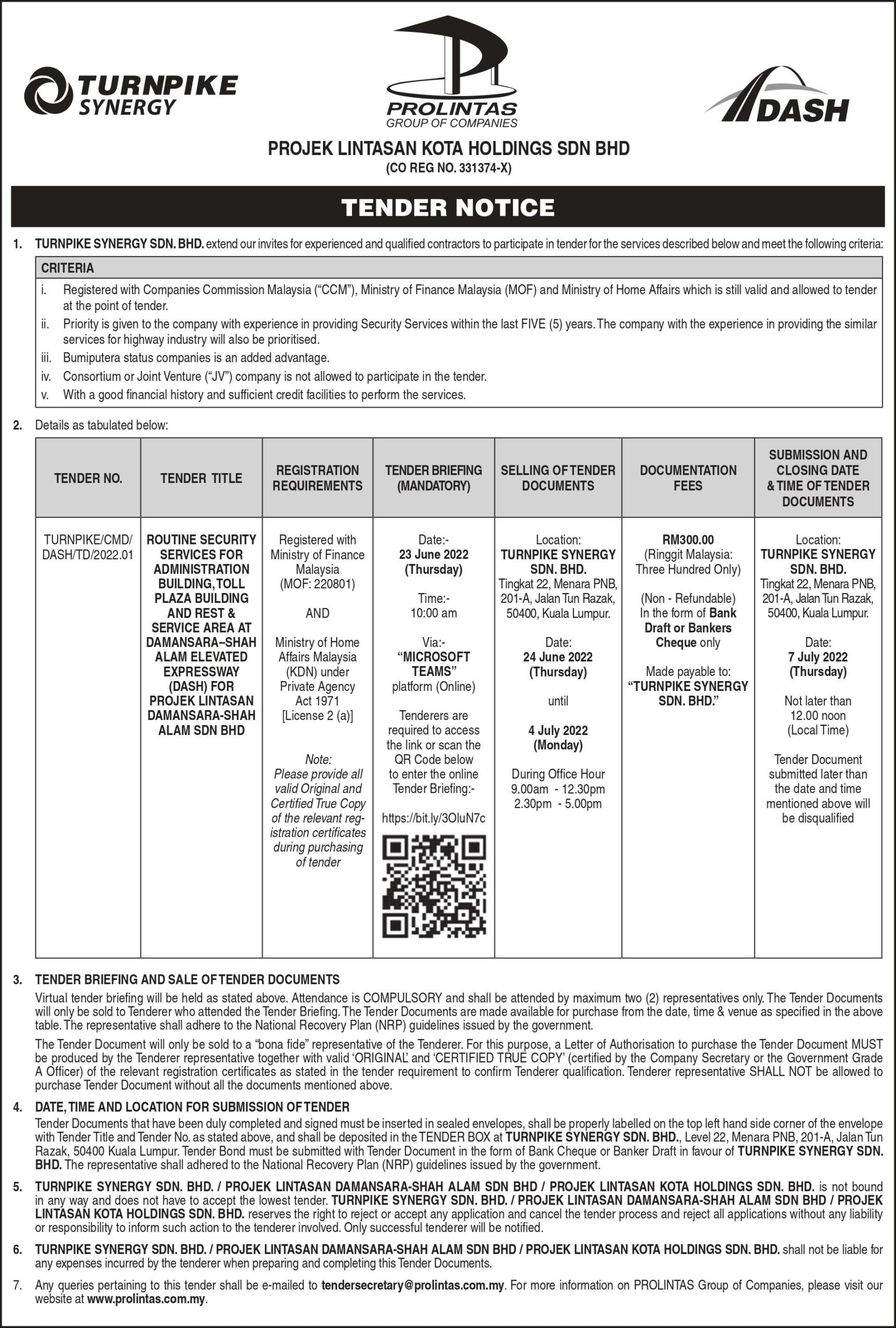 Tender – Routine Security Services for Administration Building, Toll Plaza Building & Rest Service Area at DASH