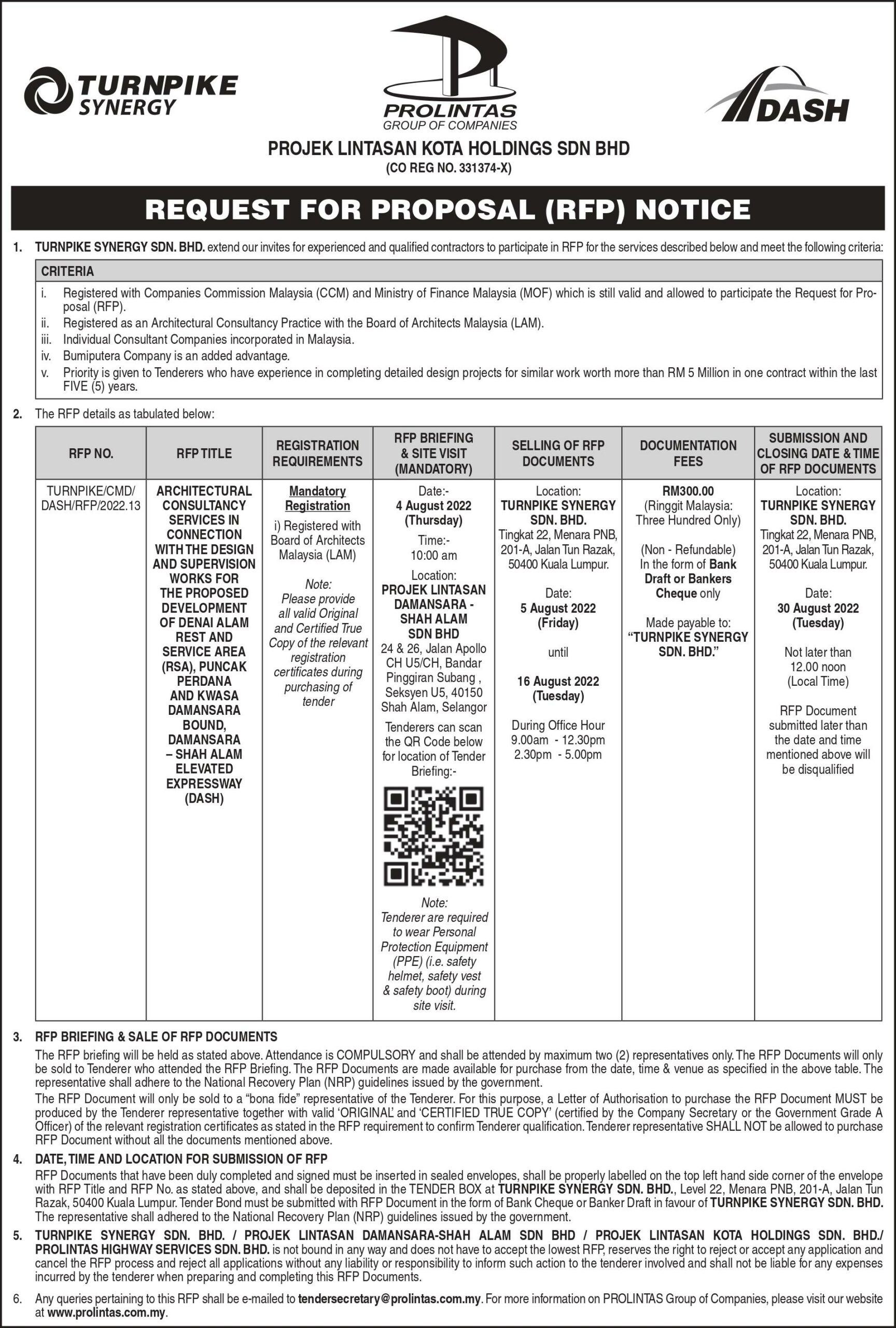 Tender – Architectural Consultancy Services in Connection with the Design And Supervision Works for the Proposed Development of Rest And Service Area (RSA) at DASH