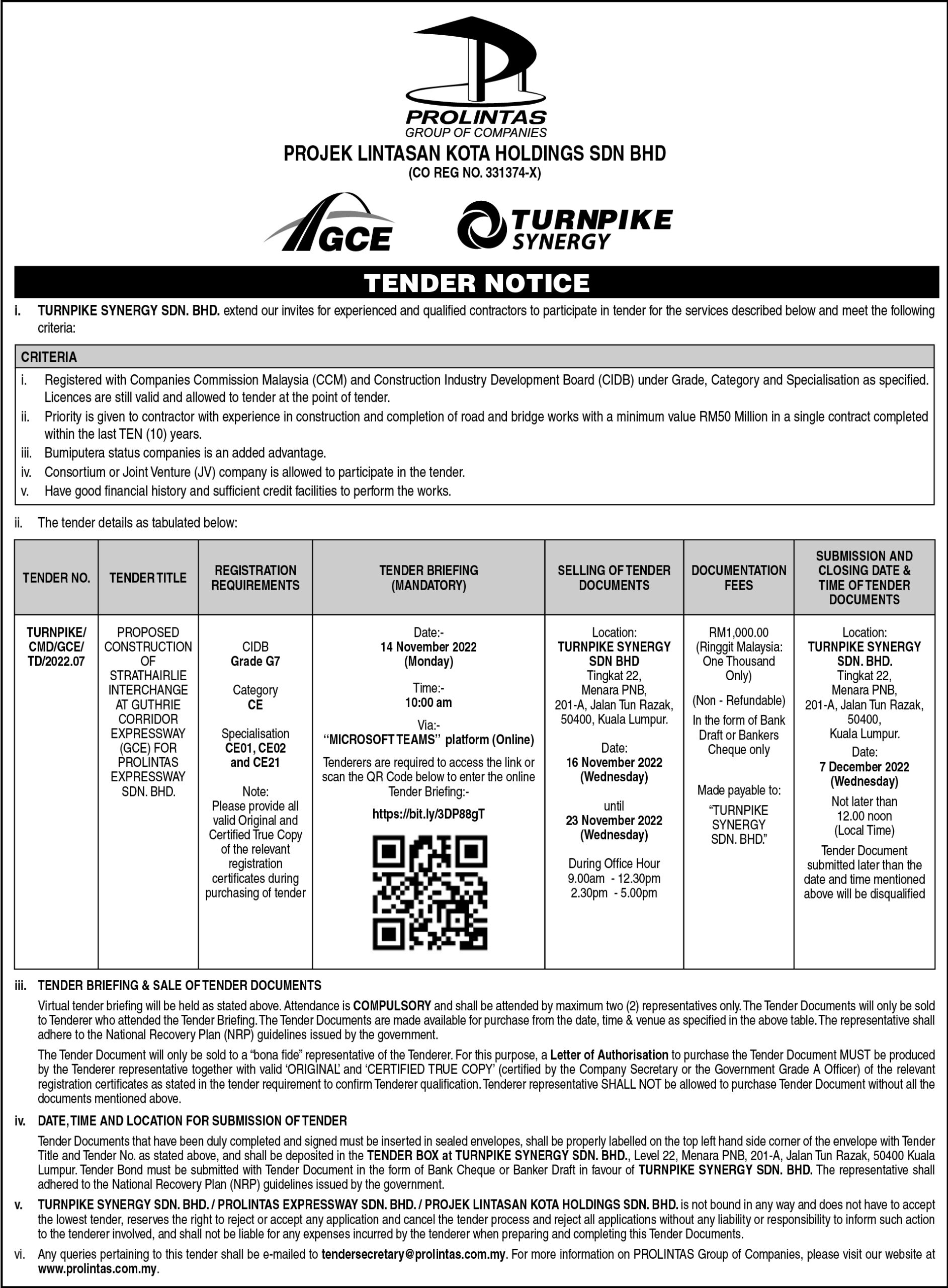 Tender – Proposed Construction of Strathairlie Interchange at GCE
