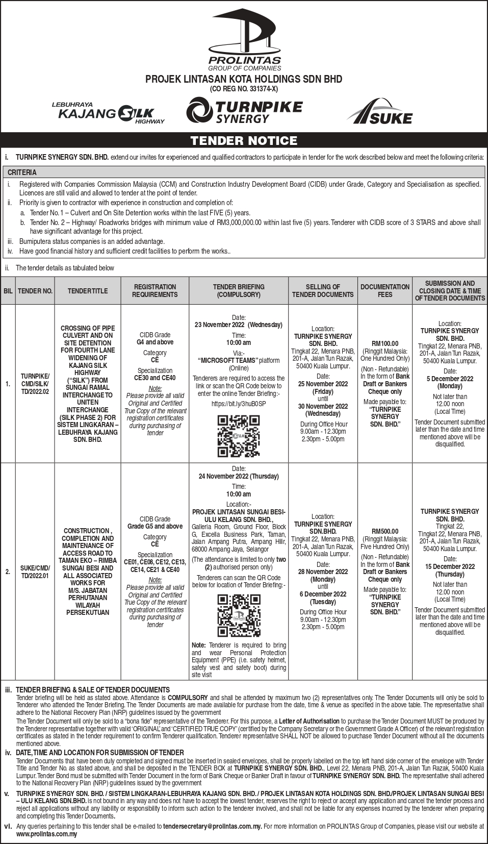 Tender – Construction completion and maintenance of access road to Taman Eko – Rimba Sungai Besi and all associated works for jabatan perhutanan Wilayah Persekutuan