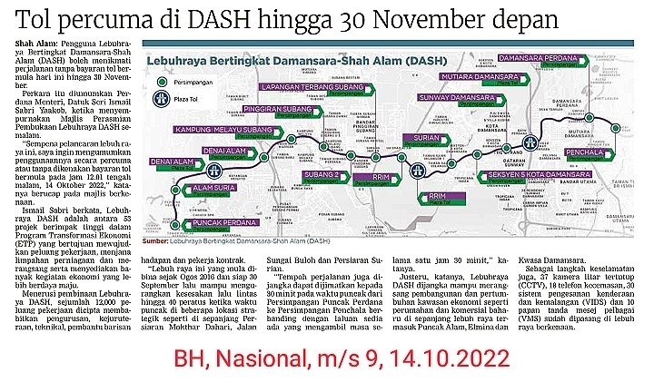 Berita Harian | Tol percuma di DASH hingga 30 November depan
