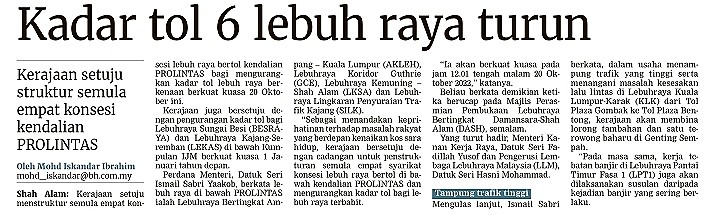 Berita Harian | Kadar tol 6 lebuh raya turun