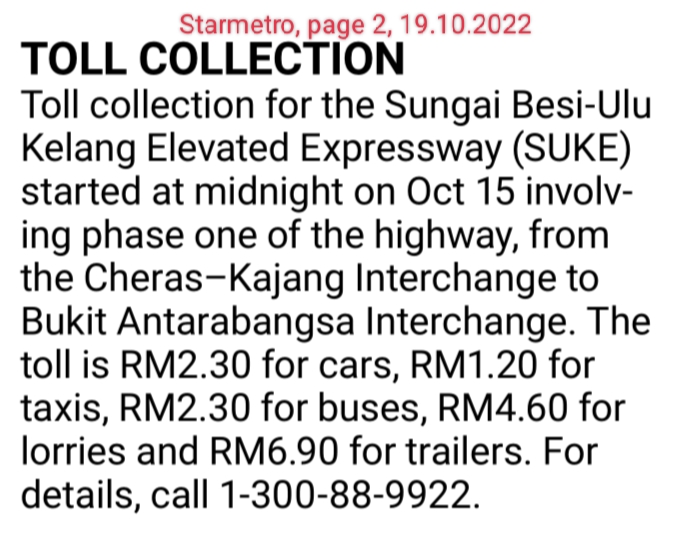 The Star | Toll collection for Sungai Besi-Ulu Kelang Elevated Expressway (SUKE)