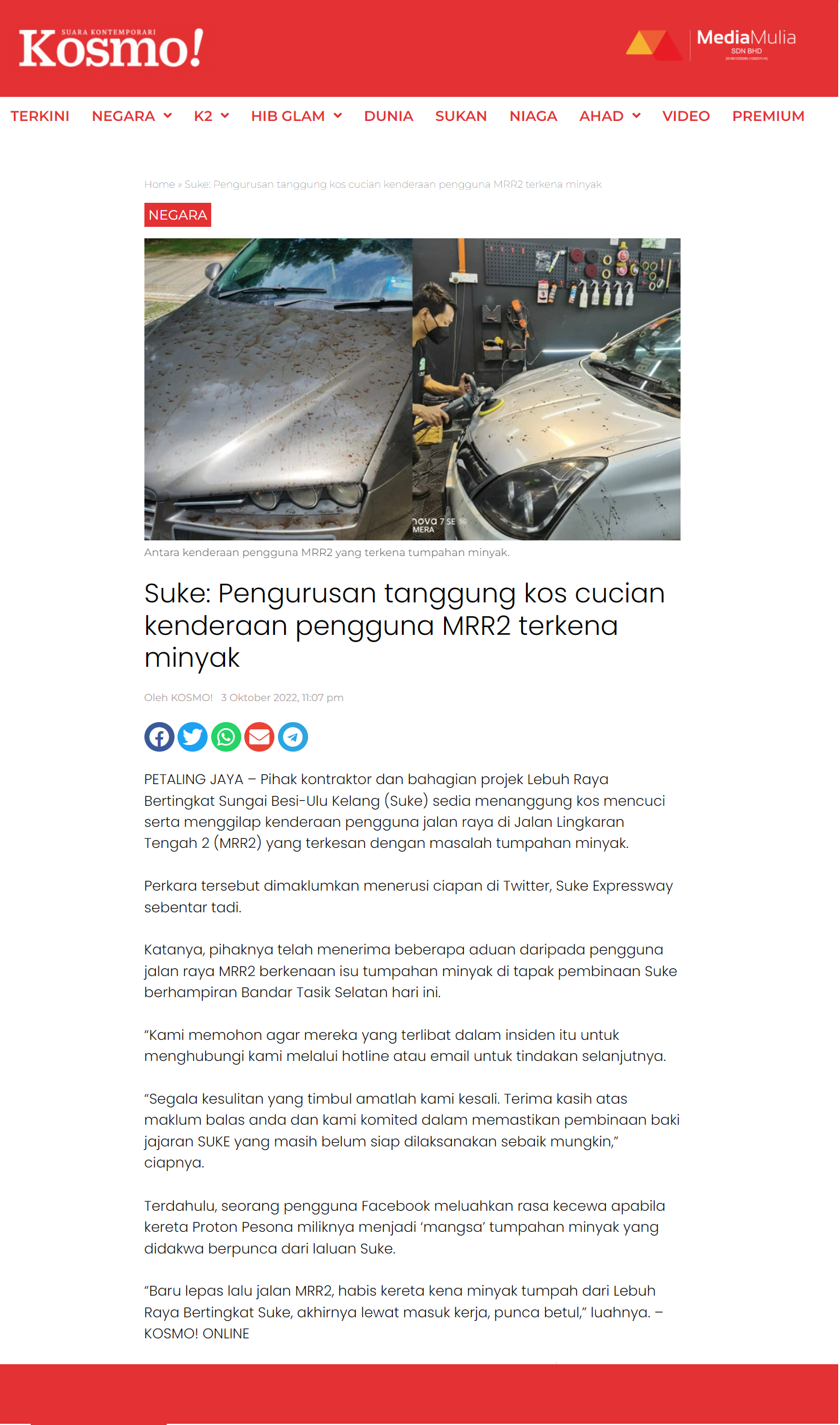 Kosmo! | Pengurusan SUKE tanggung kos cucian kenderaan pengguna MRR2 terkena minyak