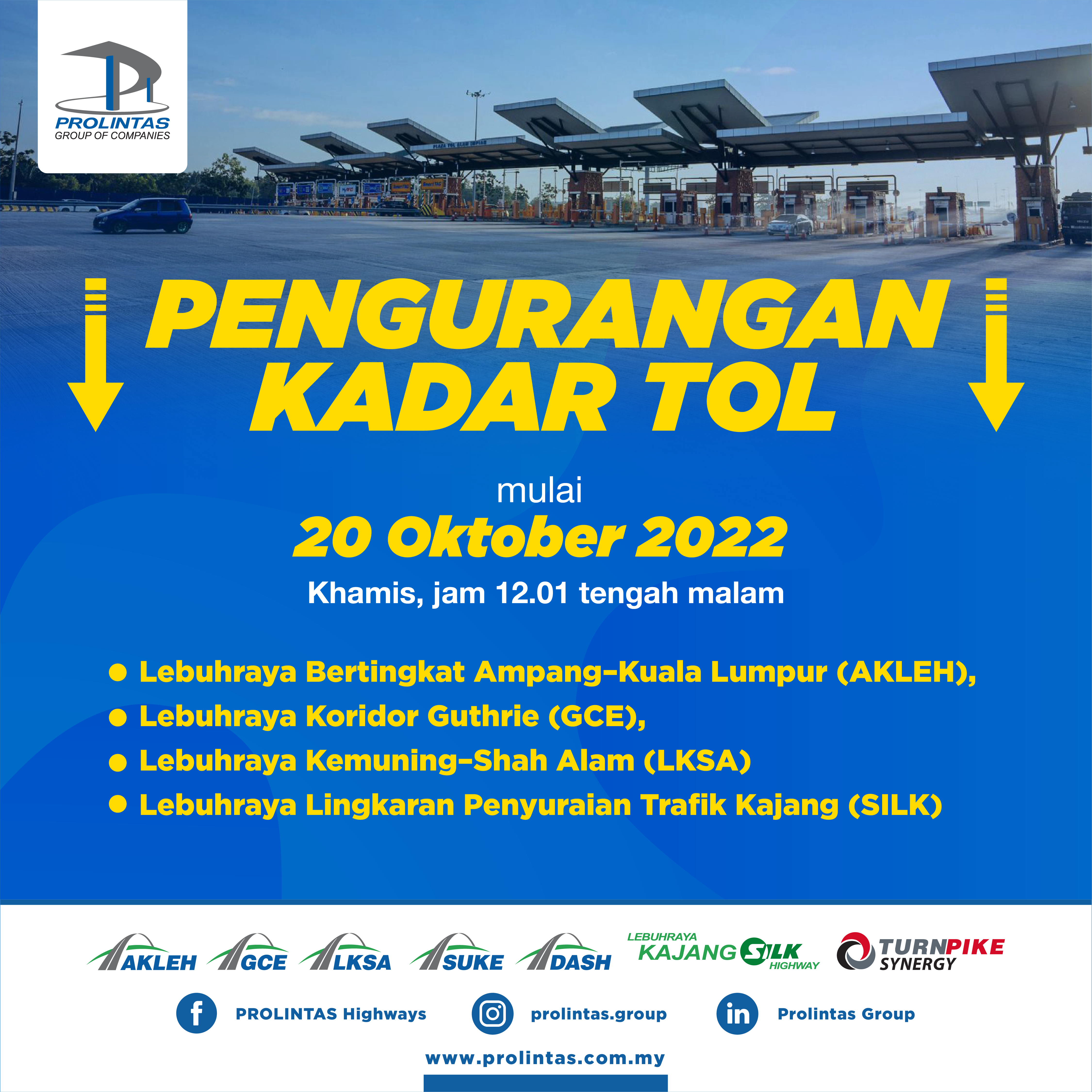 Kadar Tol Baharu AKLEH, GCE, LKSA, SILK mulai 20 Oktober 2022