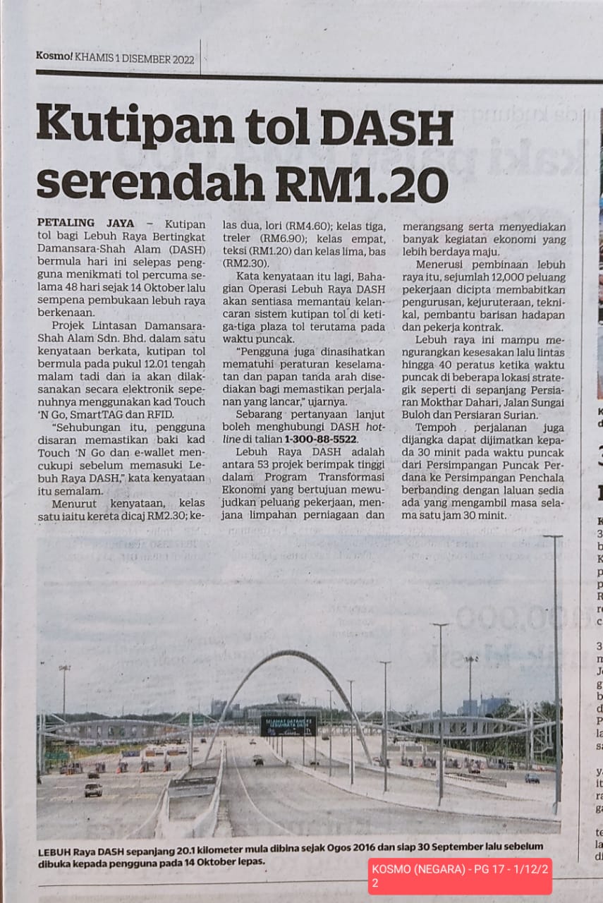 Kosmo! | Kutipan tol DASH serendah RM1.20