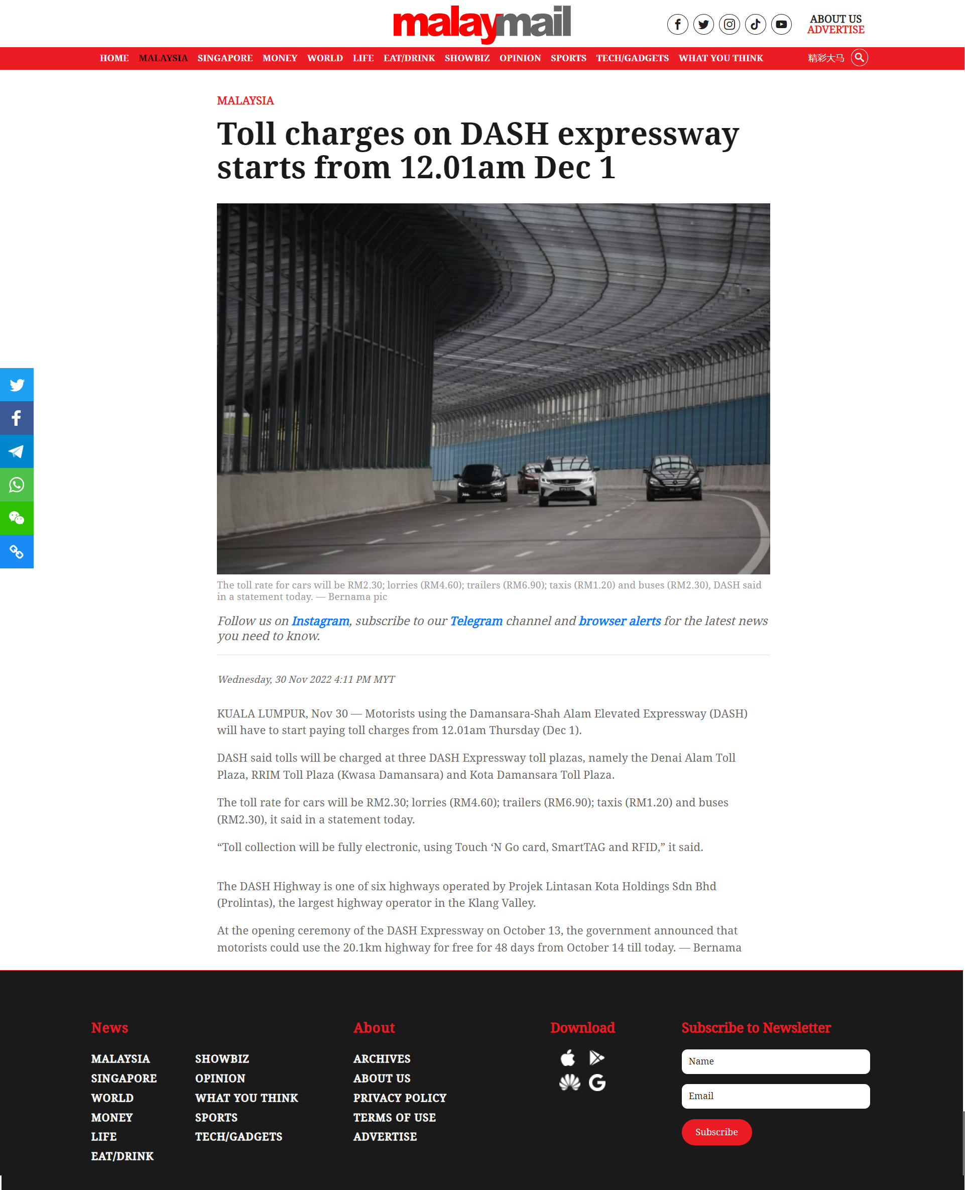 Malay Mail | Toll charges on DASH expressway starts from 12.01AM Dec 1