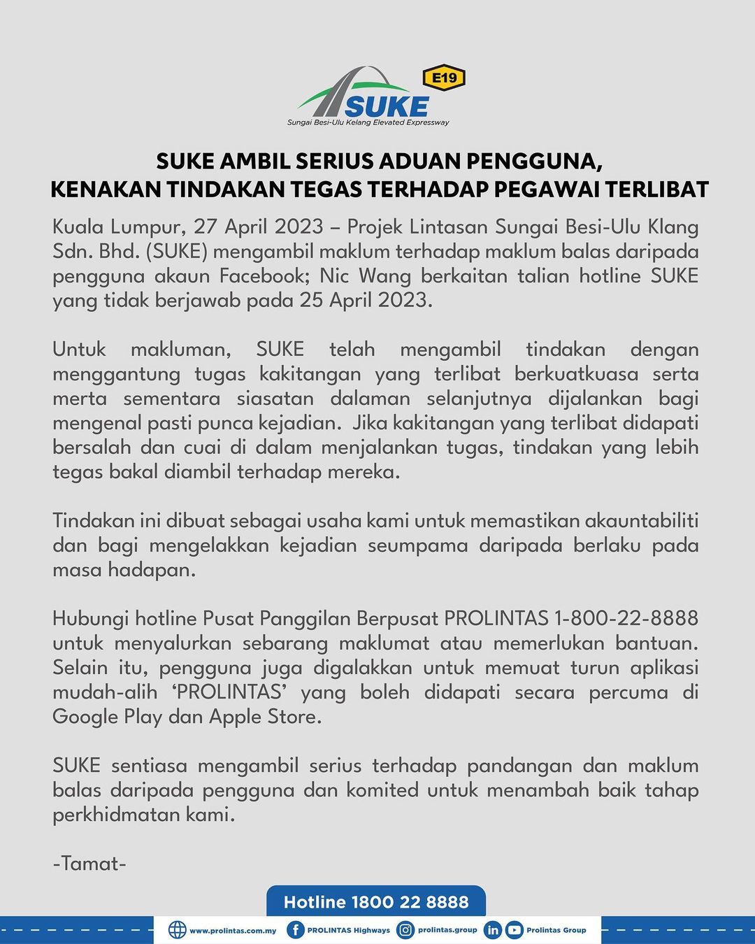 SUKE AMBIL SERIUS ADUAN PENGGUNA, KENAKAN TINDAKAN TEGAS TERHADAP PEGAWAI TERLIBAT