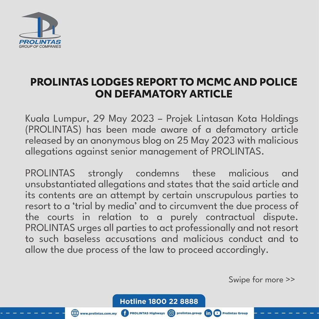PROLINTAS lodges report to MCMC and Police on defamatory article
