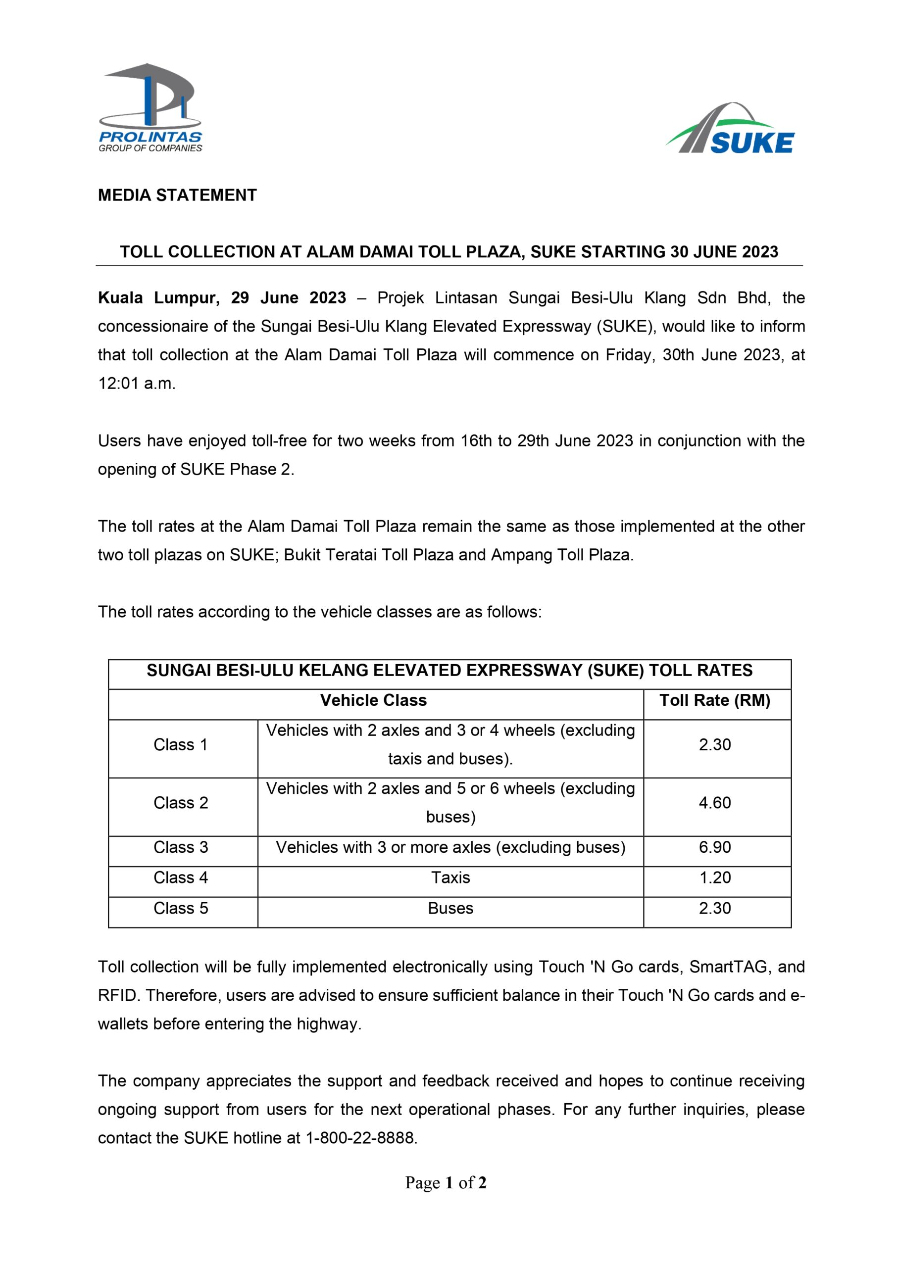 [MEDIA STATEMENT] TOLL COLLECTION AT ALAM DAMAI TOLL PLAZA, SUKE HIGHWAY STARTING FROM 30 JUNE 2023
