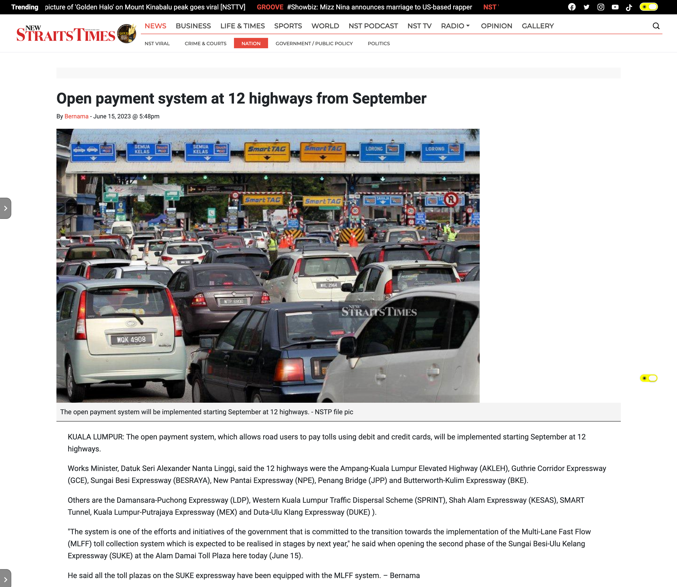 NEW STRAITS TIMES | OPEN PAYMENT SYSTEM AT 12 HIGHWAYS FROM SEPTEMBER