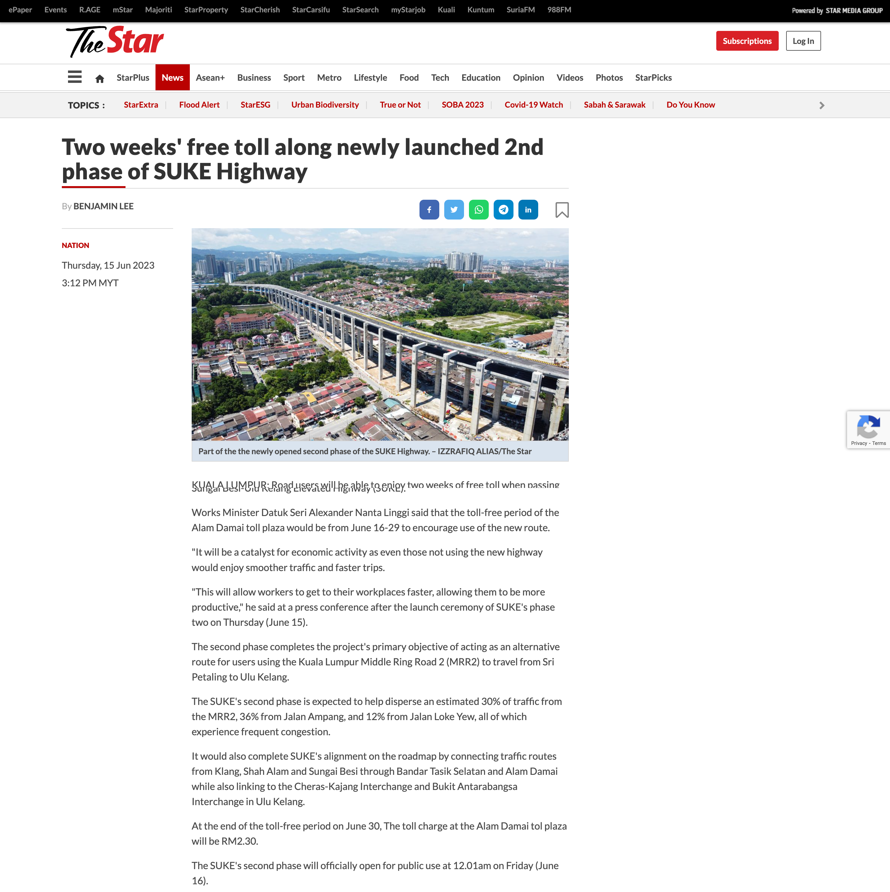 THE STAR | TWO WEEKS’ FREE TOLL ALONG NEWLY LAUNCHED 2ND PHASE OF SUKE HIGHWAY