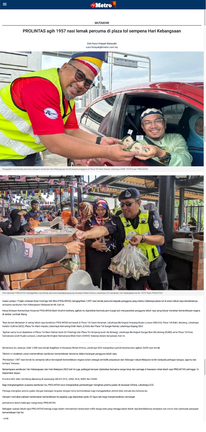 HARIAN METRO | PROLINTAS AGIH 1957 NASI LEMAK PERCUMA DI PLAZA TOL SEMPENA HARI KEBANGSAAN