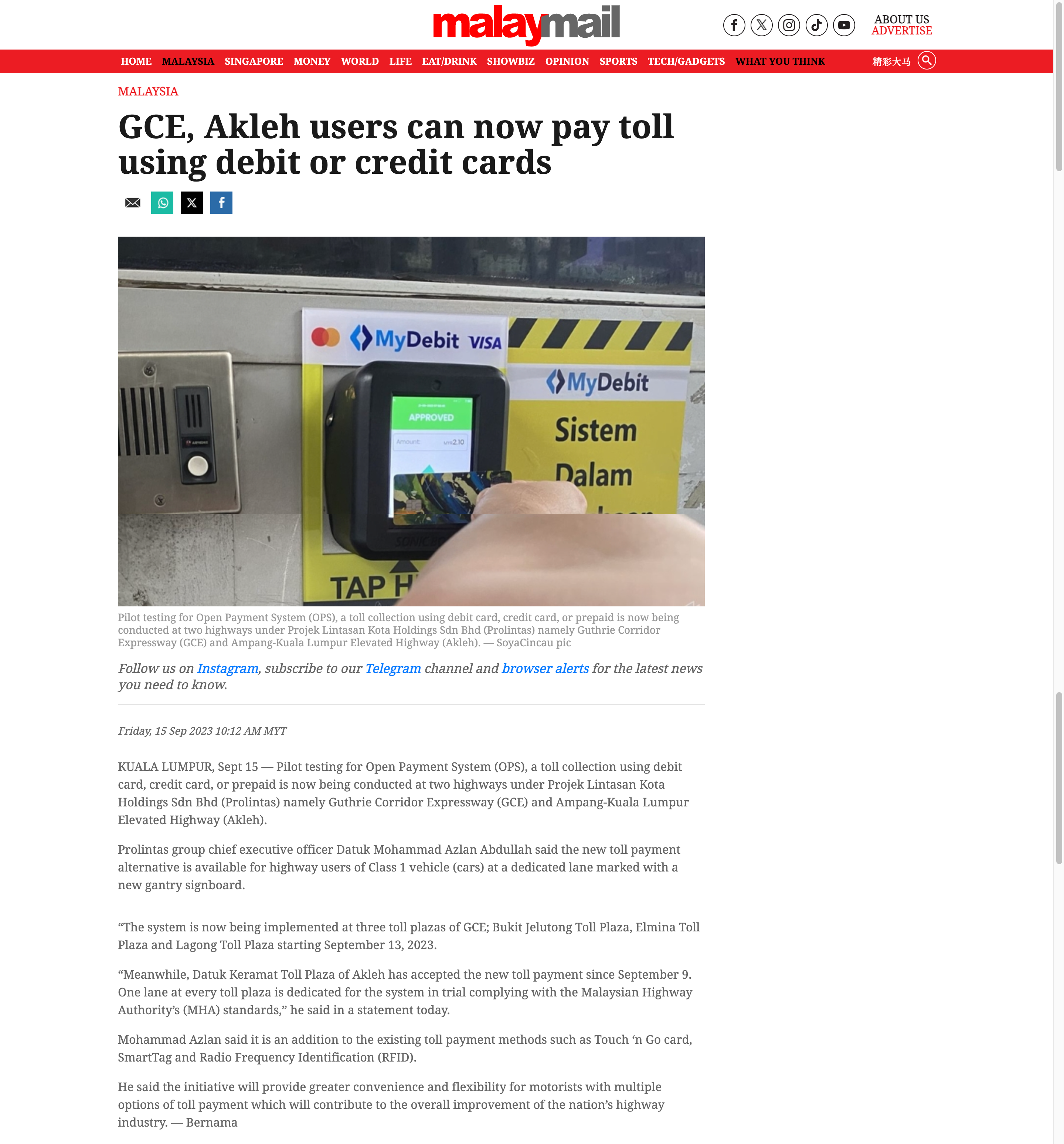 MALAY MAIL | GCE, AKLEH USERS CAN NOW PAY TOLL USING DEBIT OR CREDIT CARDS