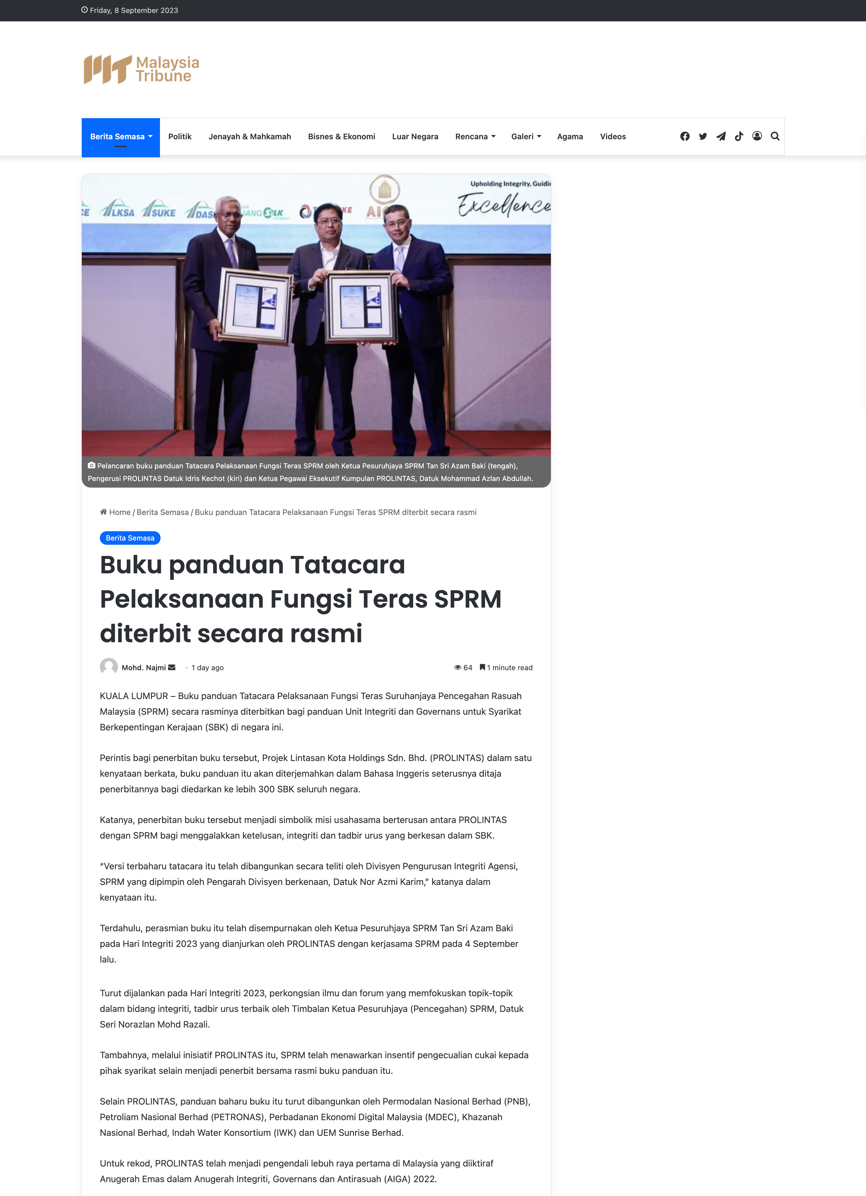 MALAYSIA TRIBUNE | BUKU PANDUAN TATACARA PELAKSANAAN FUNGSI TERAS SPRM DITERBIT SECARA RASMI