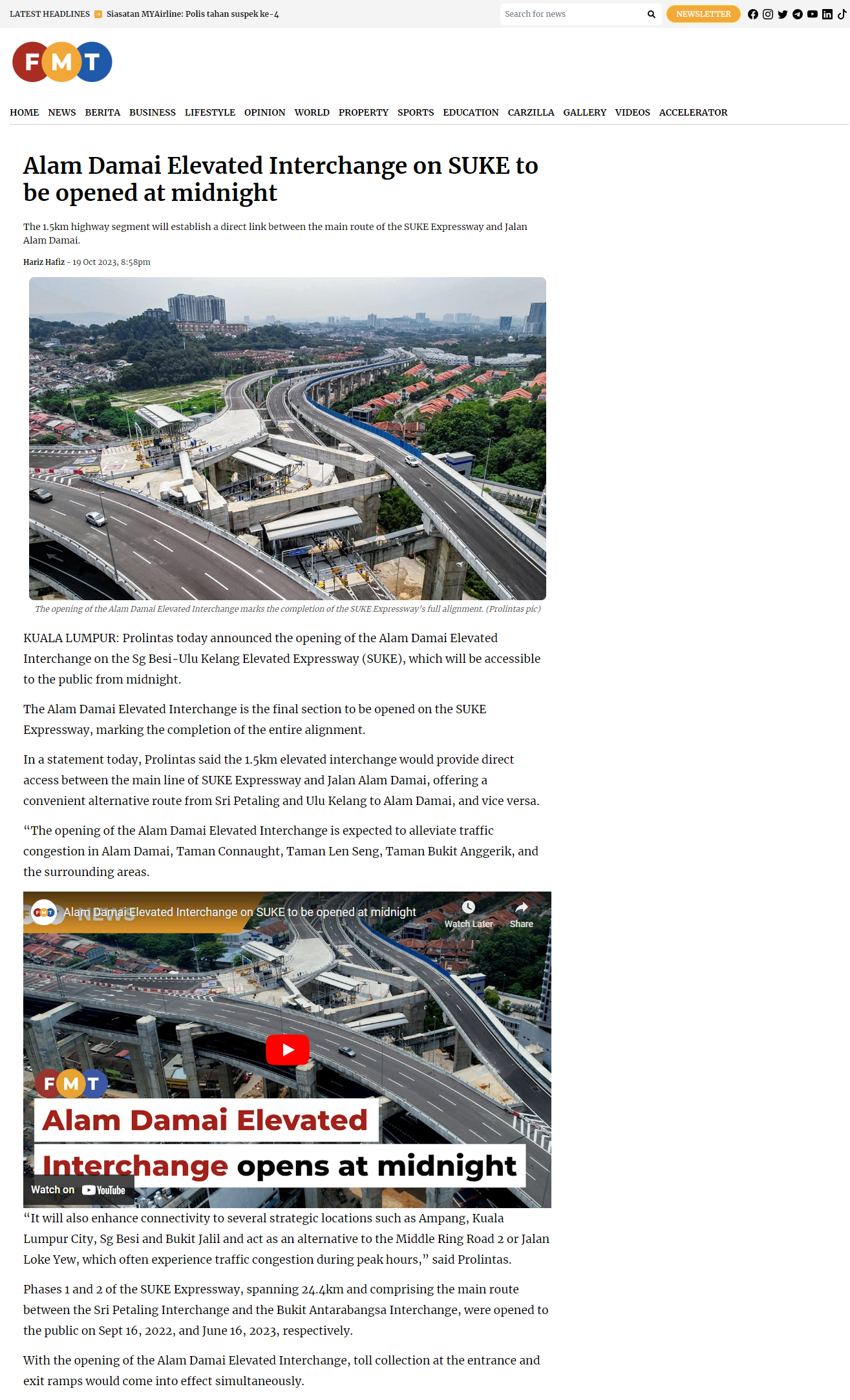 FMT (ENG) | ALAM DAMAI ELEVATED INTERCHANGE ON SUKE TO BE OPENED AT MIDNIGHT