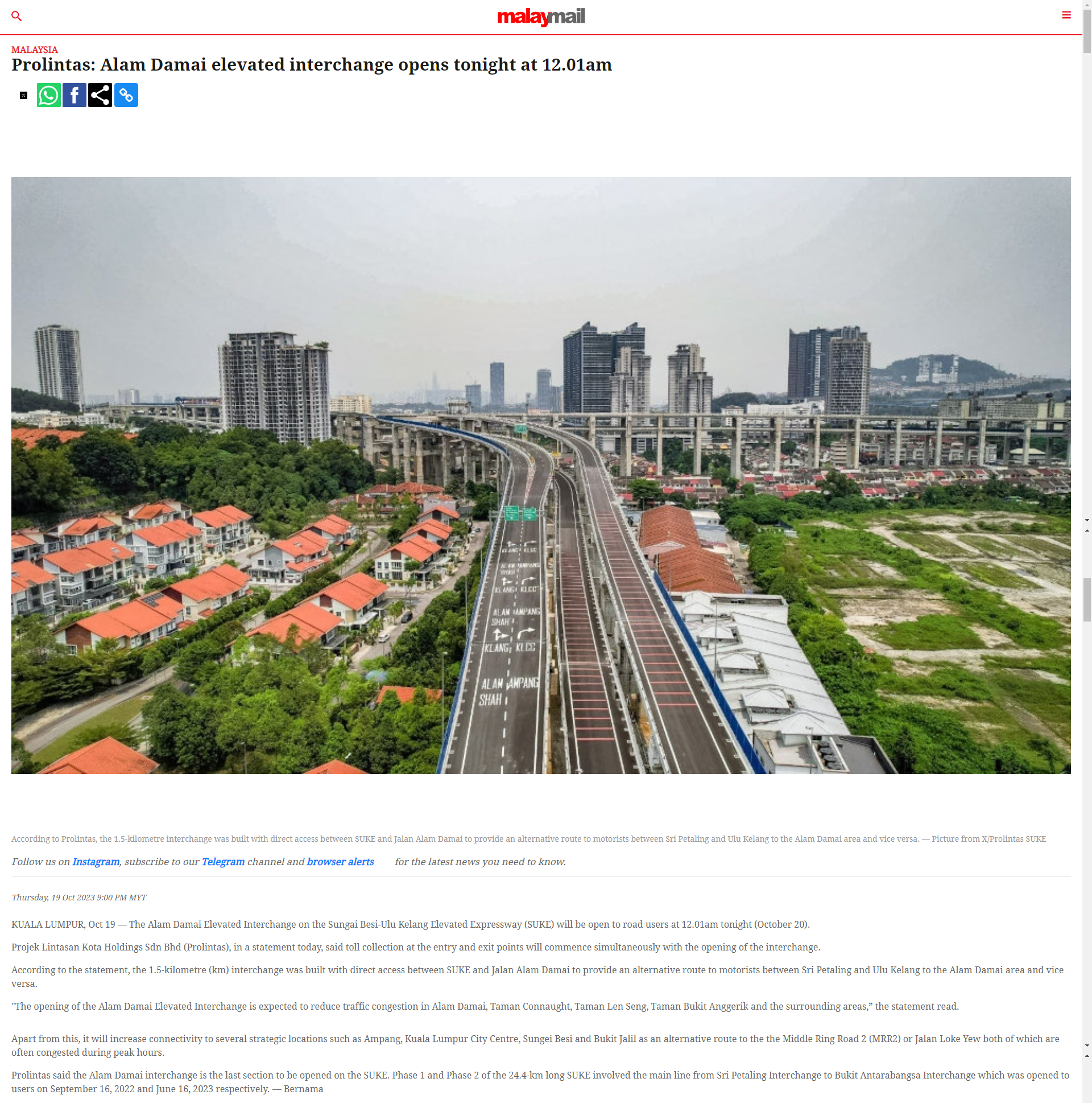 MALAY MAIL | PROLINTAS : ALAM DAMAI ELEVATED INTERCHANGE OPENS TONIGHT AT 12.01AM