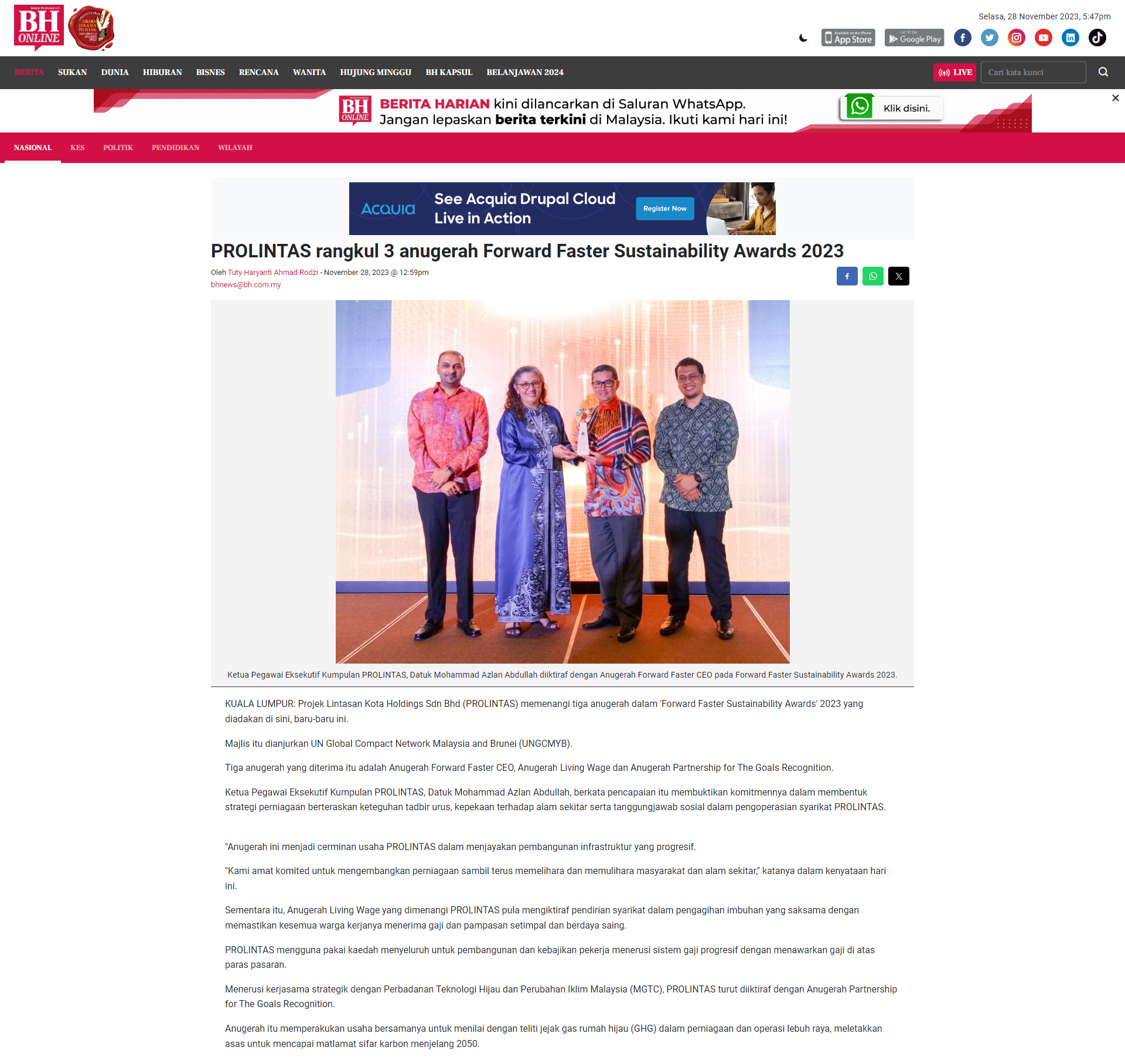 BERITA HARIAN | PROLINTAS RANGKUL 3 ANUGERAH FORWARD FASTER SUSTAINABILITY AWARDS 2023