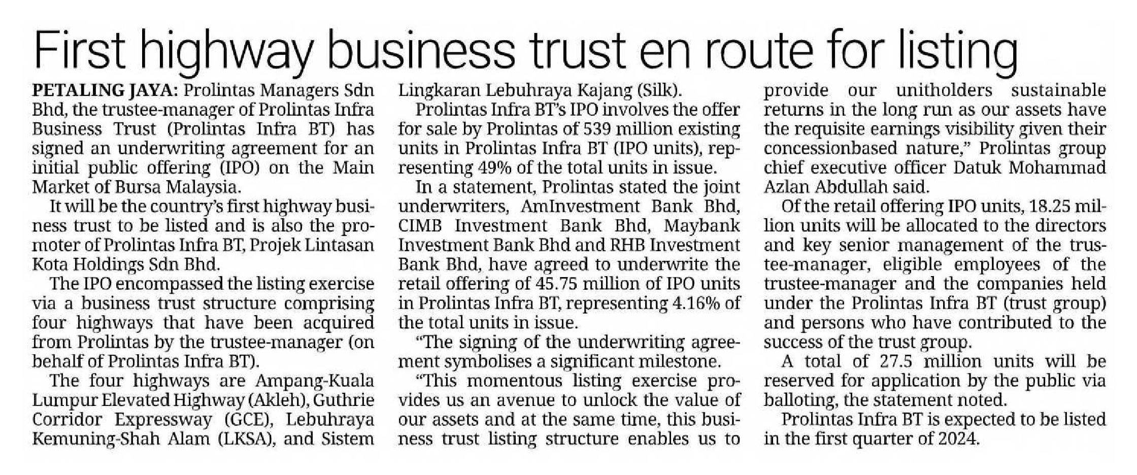 THE STAR – FIRST HIGHWAY BUSINESS TRUST EN ROUTE FOR LISTING